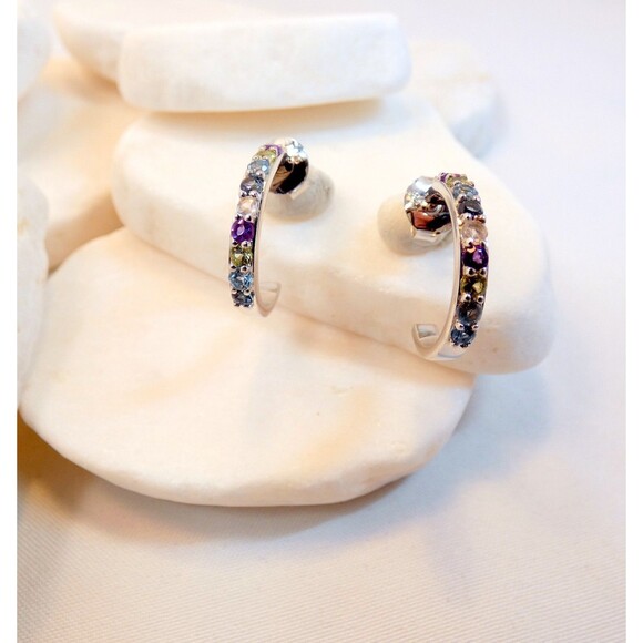 Genuine-Multi Color Gemstone Sterling Silver Hoop Earrings- Colorful Earrings - Picture 2 of 6